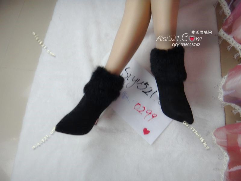 原味女鞋|鞋类,高中短靴,黑色兔毛细高跟短靴